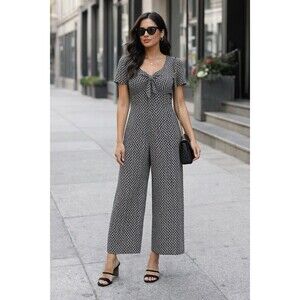 Vintage Jumpsuit Medium? Floral Wide Leg Black White Flowy Retro 80s 90's